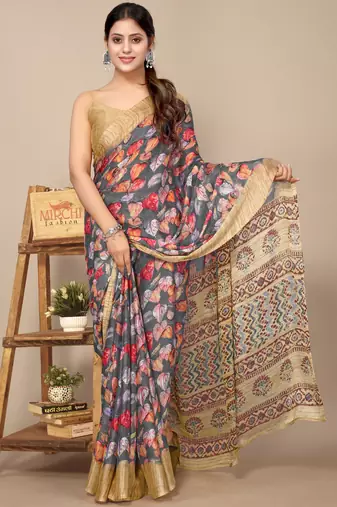 women's floral print chiffon saree -grey