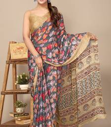 women's floral print chiffon saree -grey