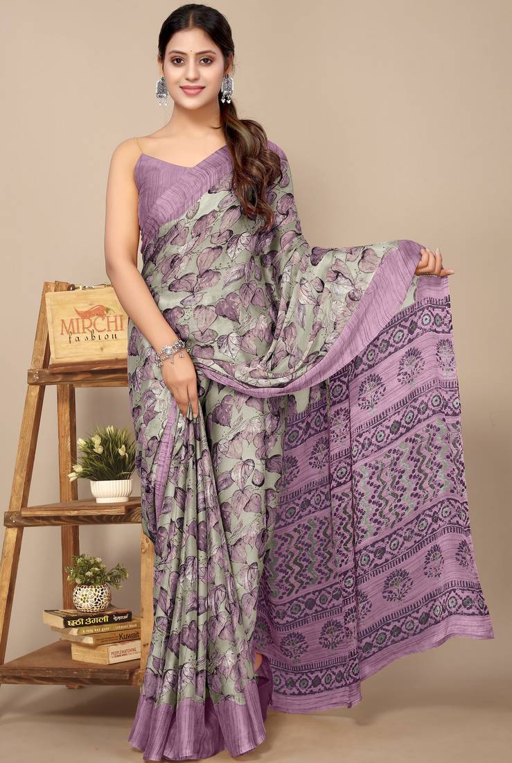 women's floral print chiffon saree -grey