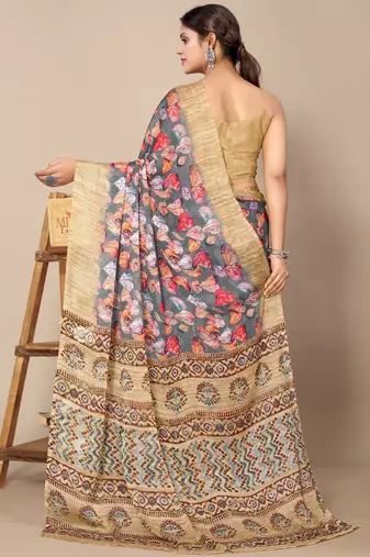 women's floral print chiffon saree -grey