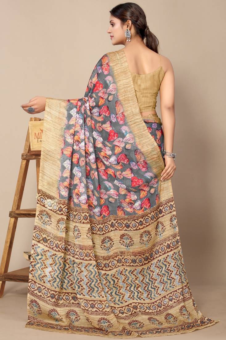 women's floral print chiffon saree -grey