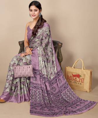 women's floral print chiffon saree -grey 2