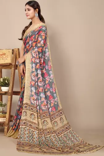 women's floral print chiffon saree -grey