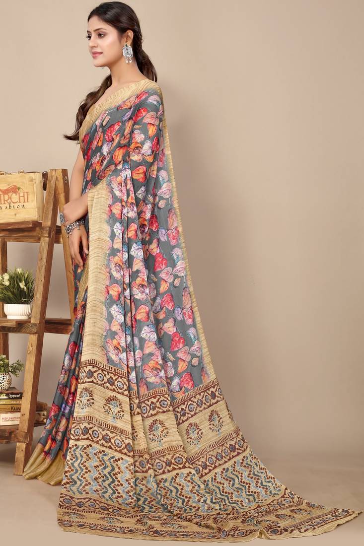 women's floral print chiffon saree -grey