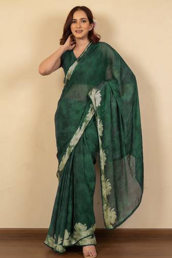 women's floral print chiffon saree -green
