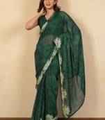 women's floral print chiffon saree -green