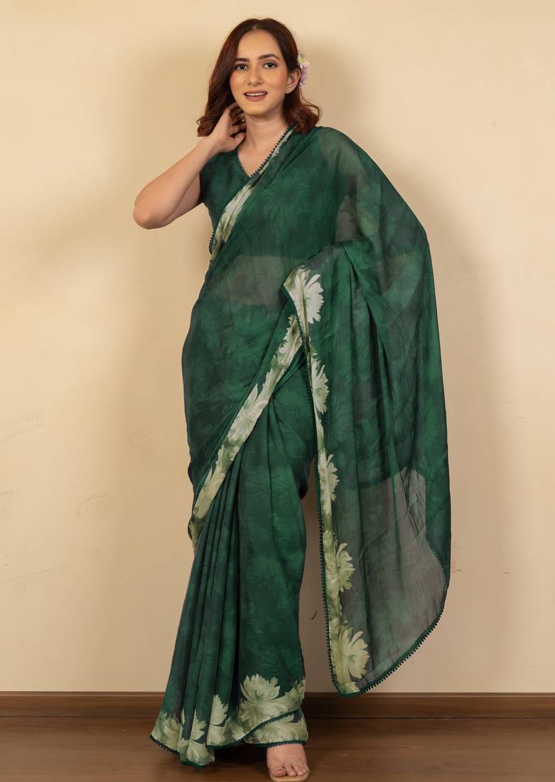 women's floral print chiffon saree -green