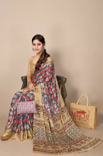 women's floral print chiffon saree -grey
