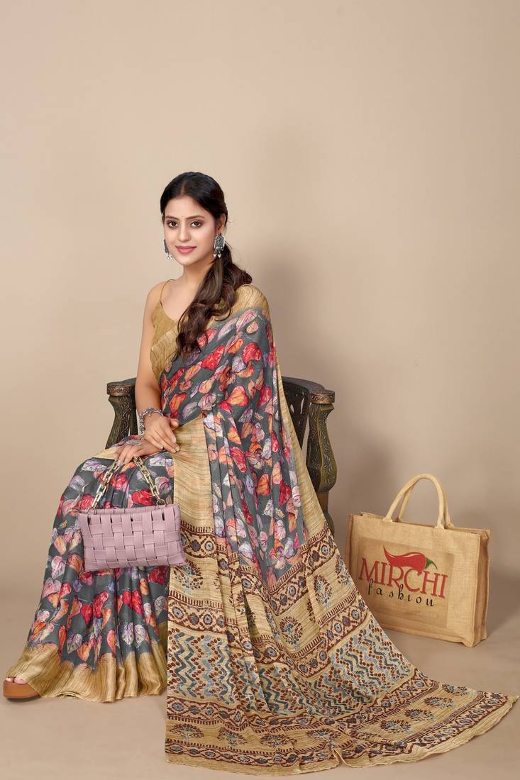 women's floral print chiffon saree -grey