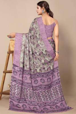 women's floral print chiffon saree -grey 4