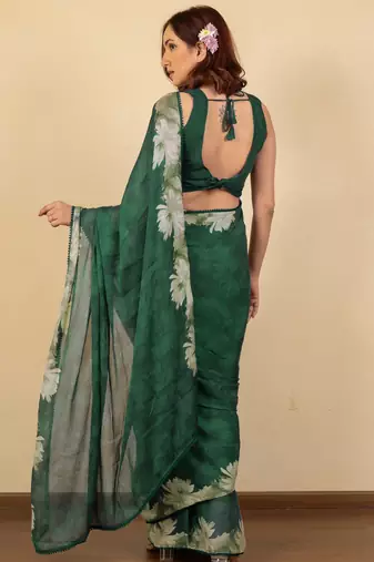 women's floral print chiffon saree -green