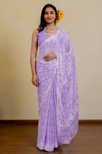 women's floral print chiffon saree -purple