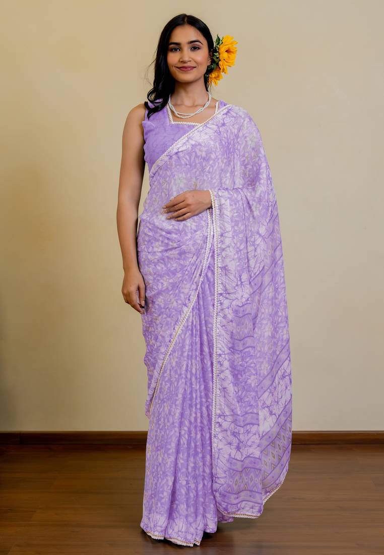 women's floral print chiffon saree -purple