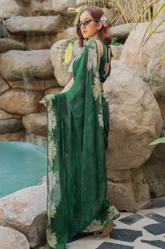 women's floral print chiffon saree -green