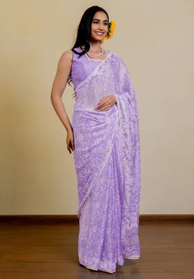 women's floral print chiffon saree -purple 2