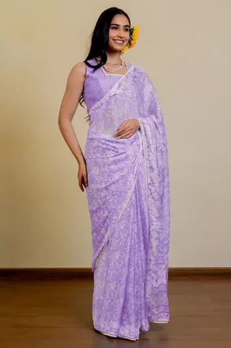 women's floral print chiffon saree -purple