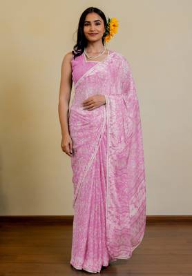 women's floral print chiffon saree -pink 1