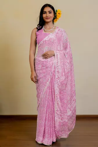 women's floral print chiffon saree -pink