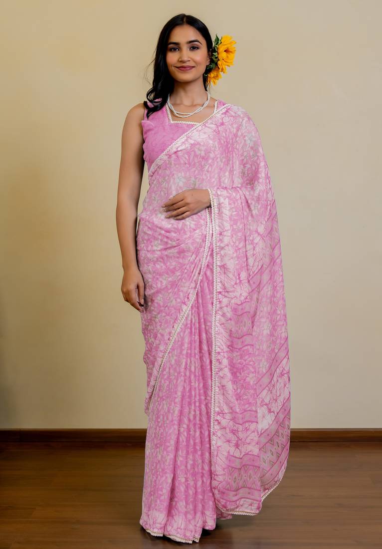 women's floral print chiffon saree -pink