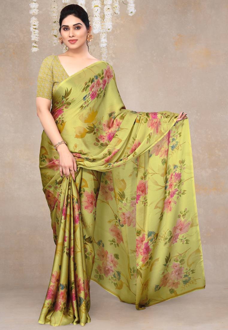 women's floral print chiffon saree -pink