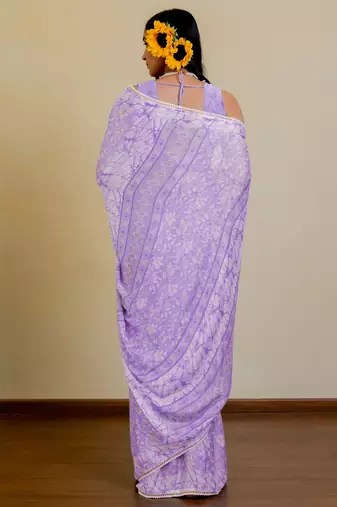 women's floral print chiffon saree -purple
