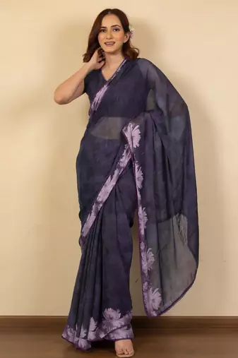 women's floral print chiffon saree -purple