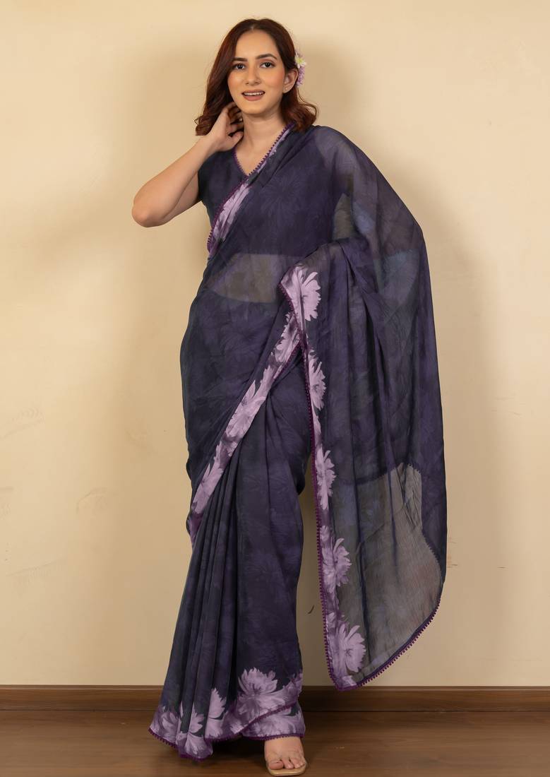 women's floral print chiffon saree -purple