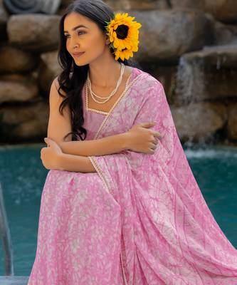 women's floral print chiffon saree -pink 3
