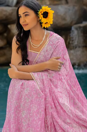 women's floral print chiffon saree -pink