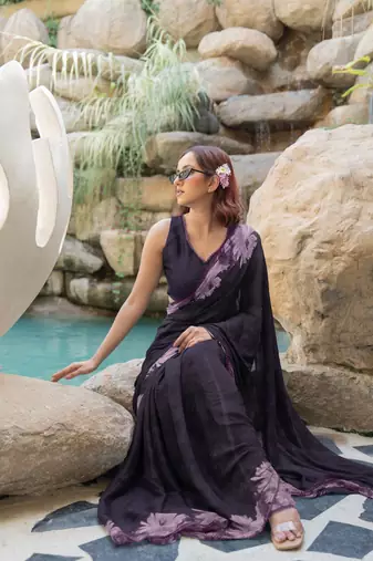 women's floral print chiffon saree -purple