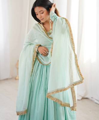Sky Blue Color Lace Work In Neck Work Faux Georgette Gown Set 1