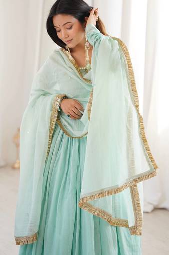 Sky Blue Color Lace Work In Neck Work Faux Georgette Gown Set