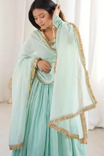 Sky Blue Color Lace Work In Neck Work Faux Georgette Gown Set
