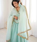Sky Blue Color Lace Work In Neck Work Faux Georgette Gown Set