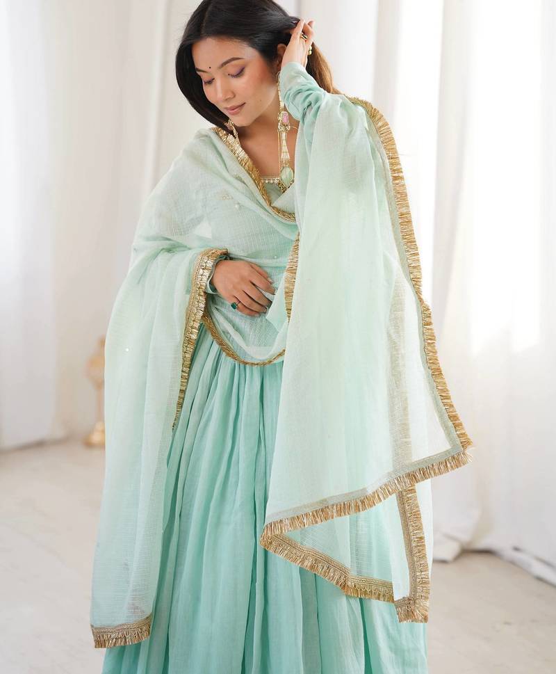 Sky Blue Color Lace Work In Neck Work Faux Georgette Gown Set