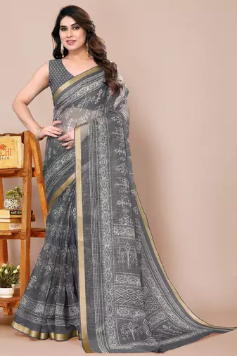 women's block print kota doria saree -grey