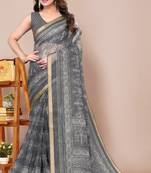 women's block print kota doria saree -grey