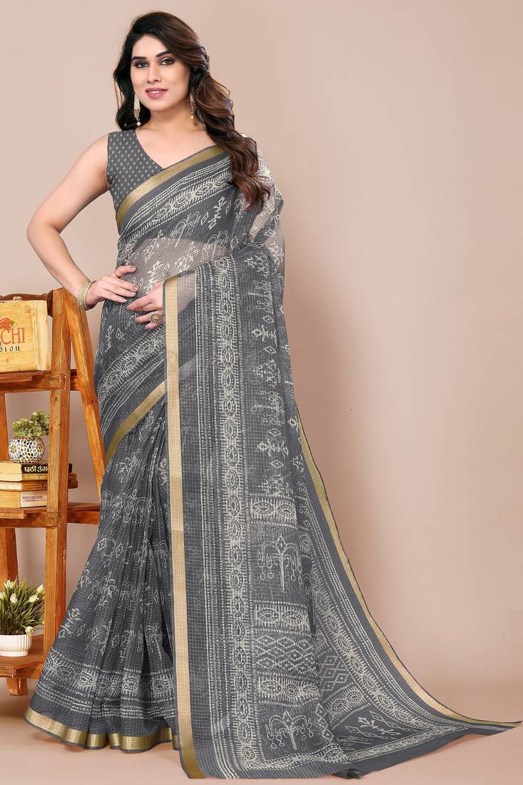 women's block print kota doria saree -grey