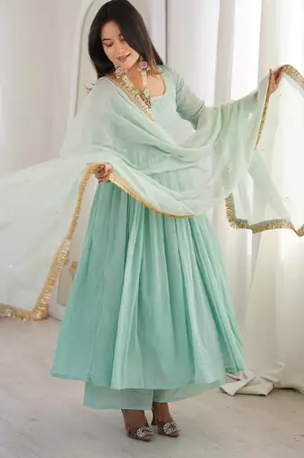 Sky Blue Color Lace Work In Neck Work Faux Georgette Gown Set