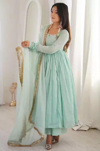 Sky Blue Color Lace Work In Neck Work Faux Georgette Gown Set