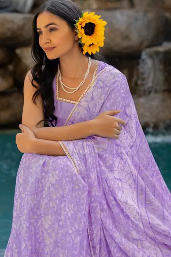 women's floral print chiffon saree -purple