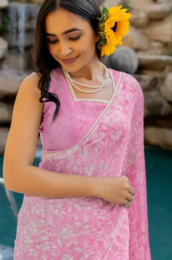 women's floral print chiffon saree -pink