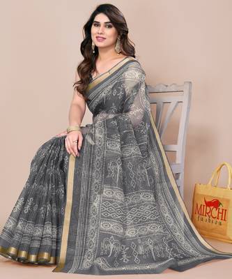 women's block print kota doria saree -grey 2