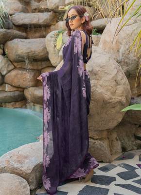 women's floral print chiffon saree -purple 3