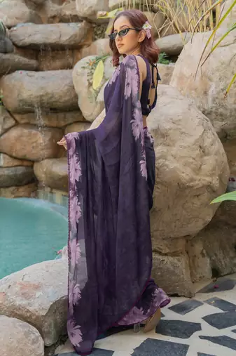 women's floral print chiffon saree -purple