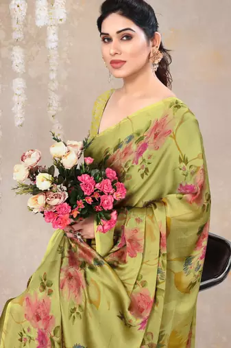 women's floral print chiffon saree -pink