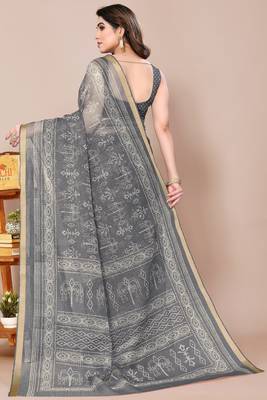 women's block print kota doria saree -grey 3