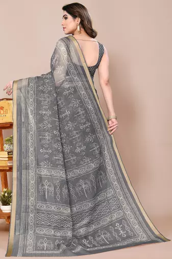 women's block print kota doria saree -grey