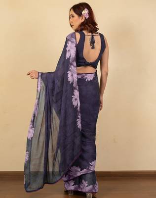 women's floral print chiffon saree -purple 4