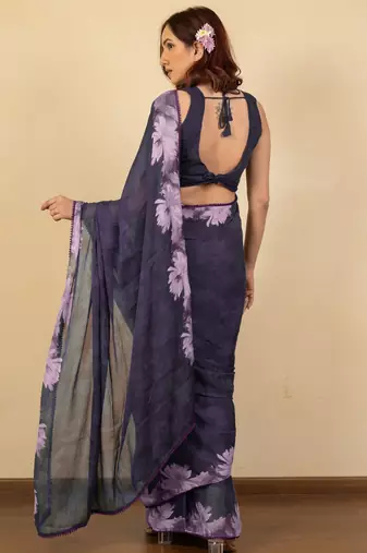 women's floral print chiffon saree -purple